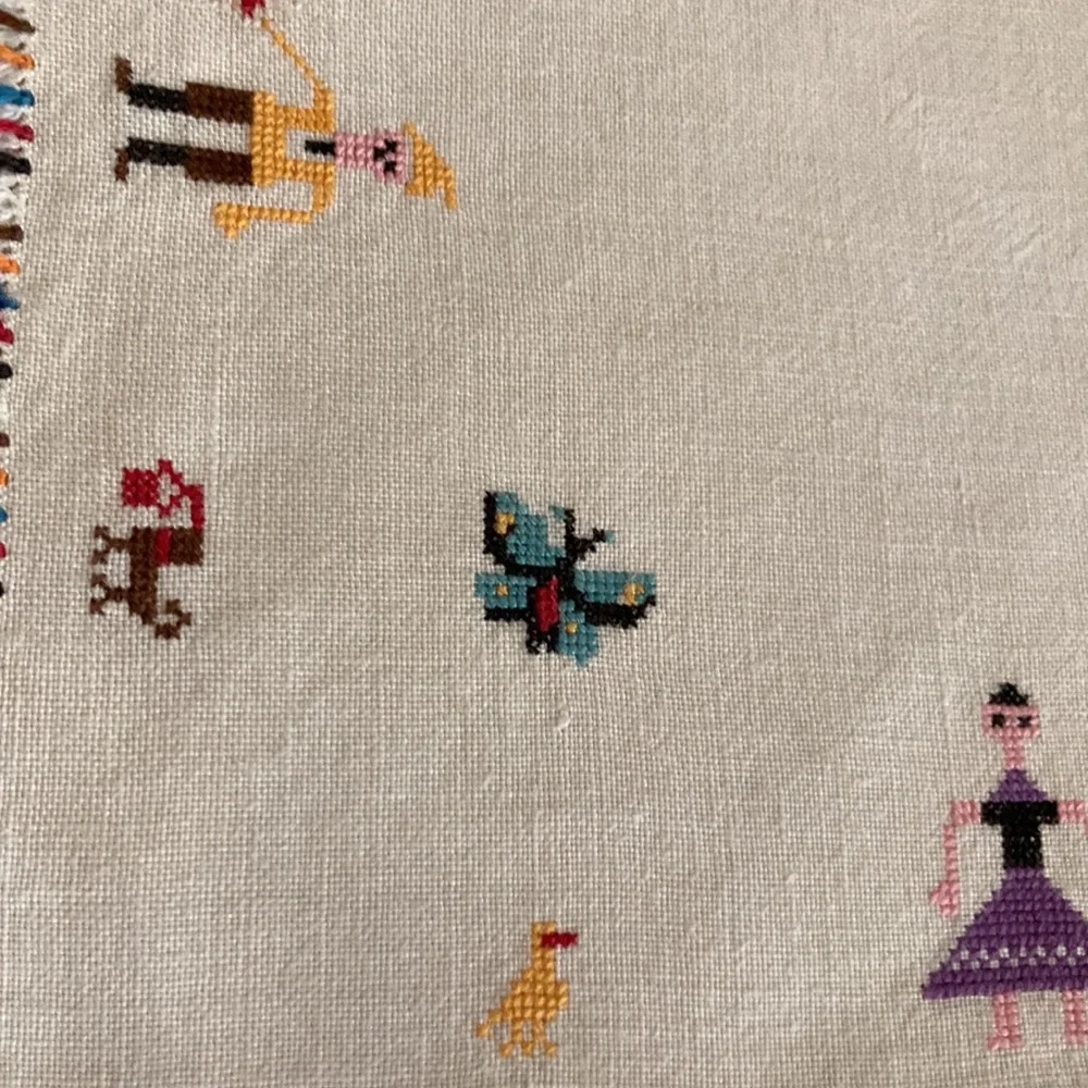 Three Vintage Linen Cocktail Napkins, Rare, Cross Stitched on this fine …
